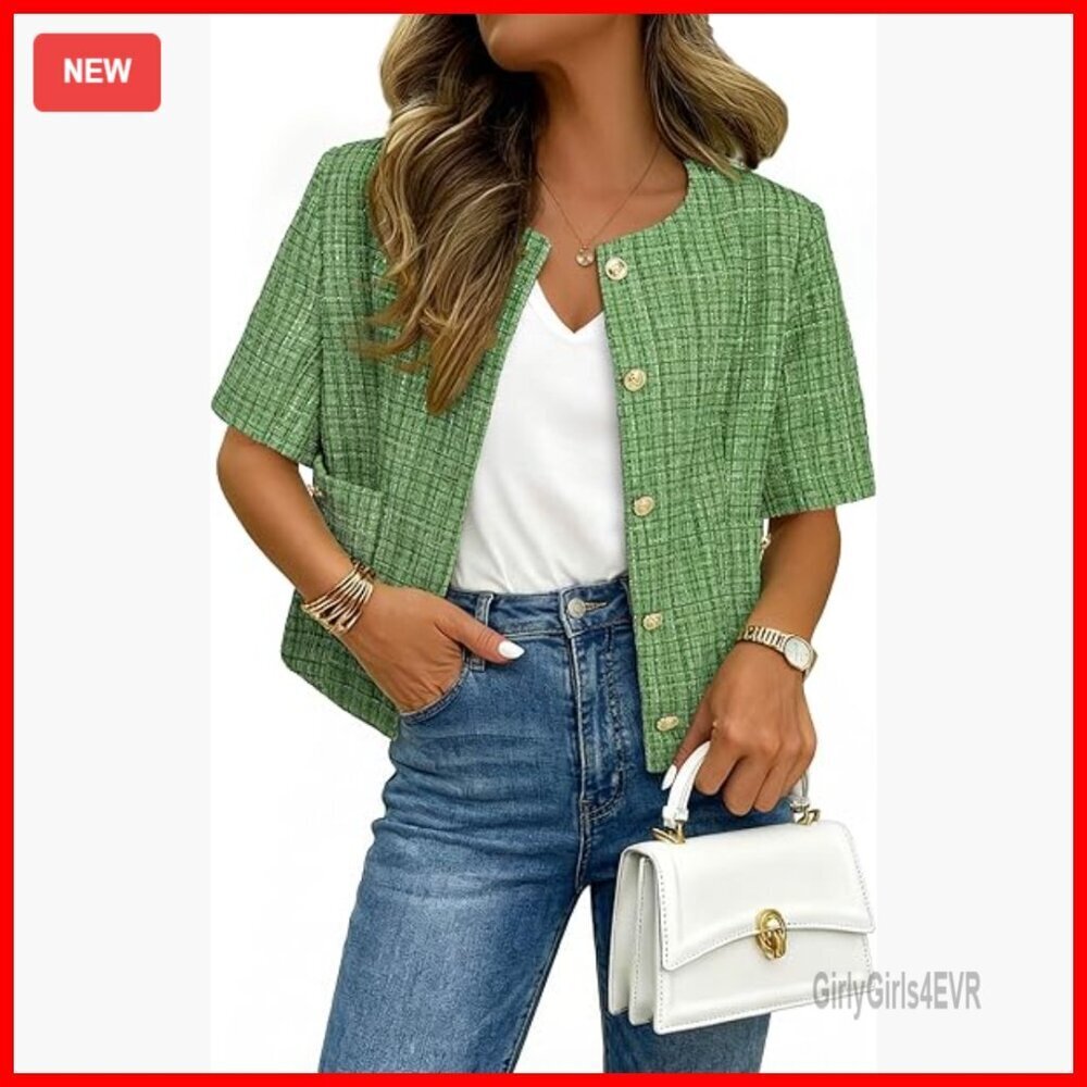 Tweed Blazer Jacket Short Sleeve Lined Business Casual Coat with Pockets